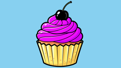 Delicious Cupcake with Purple Frosting and Cherry Topping Illustration.