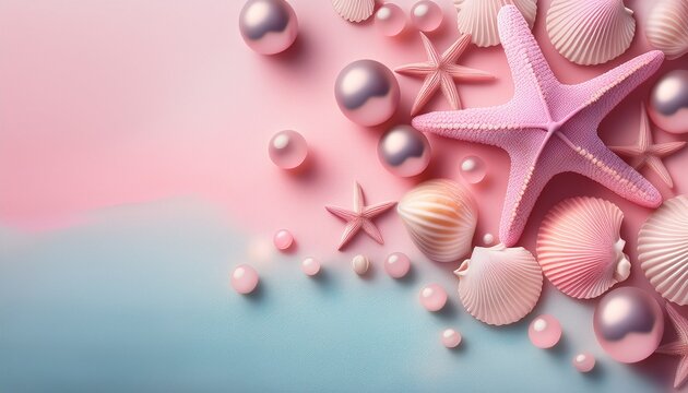 pink starfish and seashells with floating orbs on a pastel background beach theme