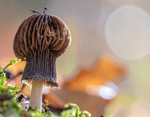 Close-up of a small, brown mushroom illuminated by sunlight against a soft, blurred background with autumn leaves