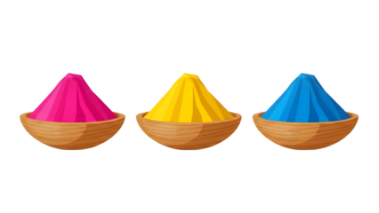 Three colorful powder piles in wooden bowls isolated on transparent background
