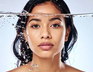 Close-up of a person's face submerged partially under water, featuring droplets and the water's surface. The skin has a healthy glow