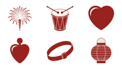 Symbolic Emblems: Array of red-hued icons representing different symbols like firework and heart. A visual language of passion, celebration, and love.