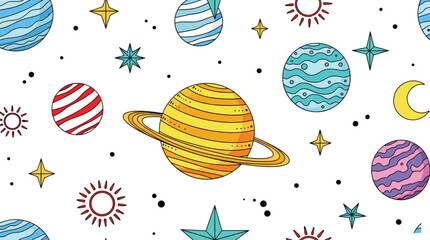 Seamless cartoon space pattern with colorful planets stars and doodle elements playful cosmic illustration for kids decor backgrounds © ARMAN STOCK
