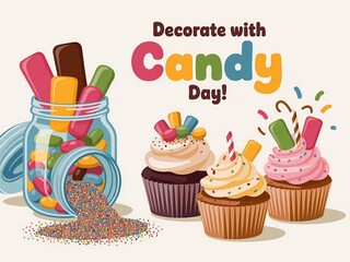 Colorful cupcakes and candies on a white background for decorate with candy day