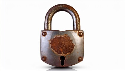 aged metallic padlock with weathered texture and rusty details isolated on a white background image
