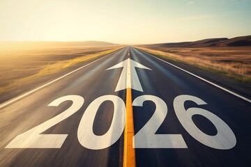 A long straight road stretching into the distance with 2026 and an arrow pointing forward