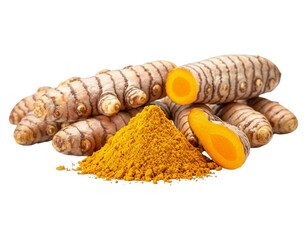 Fresh turmeric rhizomes and vibrant golden powder, a spice known for its health benefits isolated on transparent background