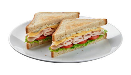A fresh and appetizing deli sandwich cut in half, ready for a quick and tasty meal isolated on transparent background