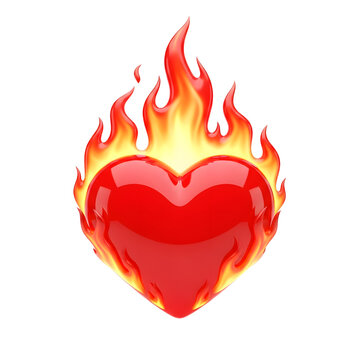 3D Rendered Red Heart on Fire Burning Love Symbol