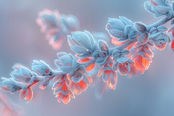 Frost-covered blue and orange flower buds lit by soft, cool morning light.