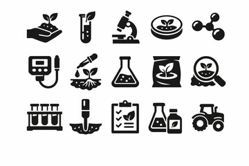 Agricultural science icons: plants, microscope, test tubes, tractor, and laboratory equipment