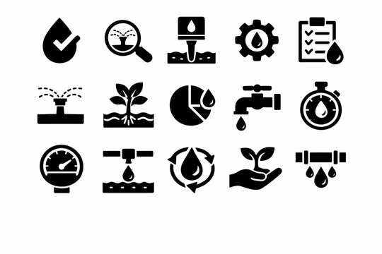 Collection of water conservation and irrigation icons in black and white