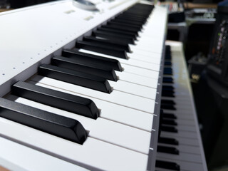 Detailed of black and white synthesizer keyboard. Close up photo of synthesizer panel with keys for playing electronic music. Musical instrument concept in authentic photography