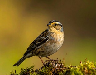Close-up of a small, colorful songbird perched on a mossy surface, with a blurred, warm-toned background