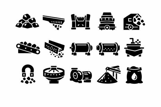 Industrial mining icons set: machinery, conveyor systems, crushers, and separation equipment