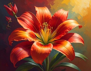 Close-up of a vibrant, orange-red blossom with a yellow center and a developing bud against a warm, blended background