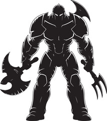 Fototapeta premium Fantasy warrior in dark armor holding battle weapons ready for combat