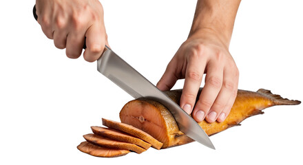 Man slicing smoked fish on white background for culinary use