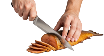 Man slicing smoked fish on white background for culinary use  