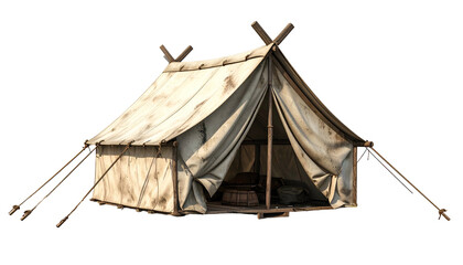 Weathered canvas tent with wooden supports, interior hints, isolated on black