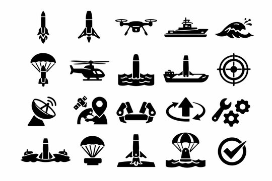 Set of black silhouette icons: rocket, drone, ship, helicopter, target, satellite