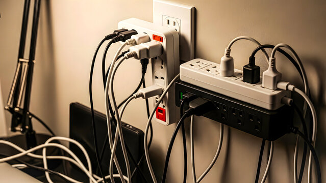 Overwhelmed electrical outlets and power strips burdened with many plugs and cables, illustrating a common scenario of modern technological dependency and electrical hazards