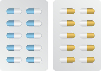 Obraz premium Assortment of two blister packs featuring blue and gold colored pharmaceutical capsules isolated on transparent background