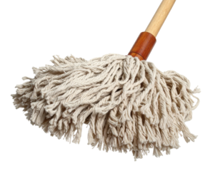 Stringy mop with wooden handle on a dark background