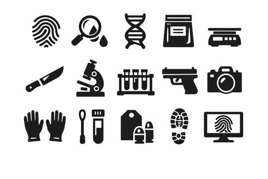 Forensic investigation icons: crime, evidence, and laboratory tools collection