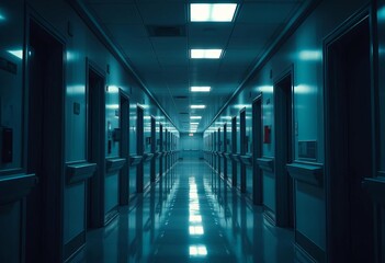Long, dimly lit hospital corridor, sterile and echoing, dark room, scary
