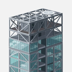 Modern skyscraper with glass facade and helipad on top.