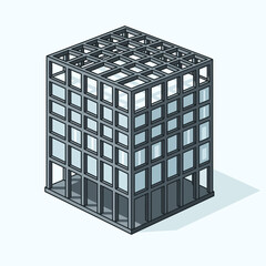 Isometric view of a modern building with glass windows and metal frame.