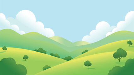 Obraz premium Cartoon green hills landscape with clouds and blue sky. Nature background, Vector illustration