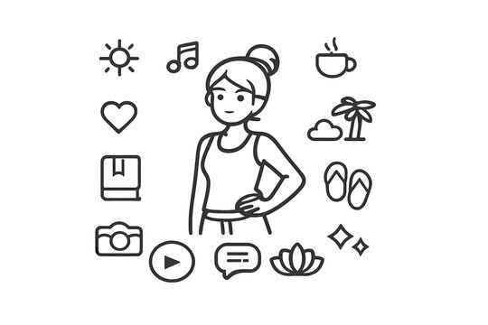 Woman surrounded by icons representing hobbies and interests