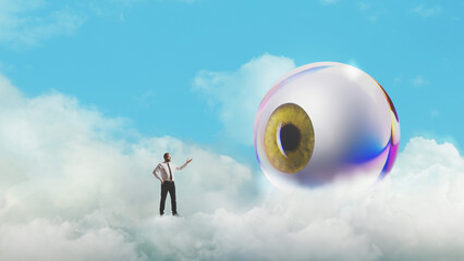 Conceptual business design with executive presenting giant eye. Concept of transparency, communication strategy, stakeholder presentation, business vision sharing, and leadership messaging. © Lustre Art Group 