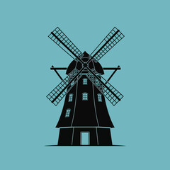 Fototapeta premium Black silhouette of a windmill with four sails against a blue background.
