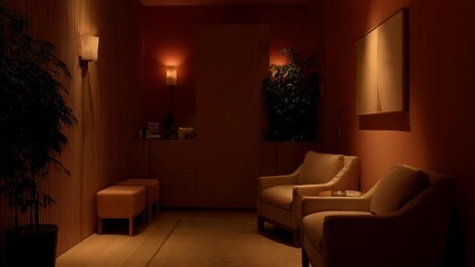 Dimly illuminated family planning consultation space emphasizing privacy with warm tones and calming atmosphere for sensitive conversations.