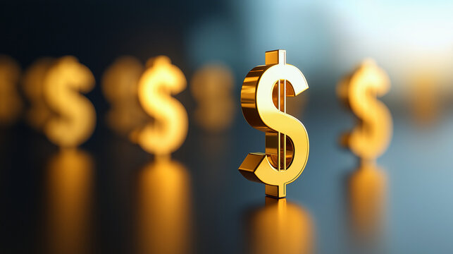 Golden dollar symbol standing upright representing wealth and financial power.
 - Powered by Adobe
