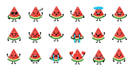 Fototapeta premium Cute set of watermelon slice cartoon characters showing a wide range of funny emotions and expressions for summer design.