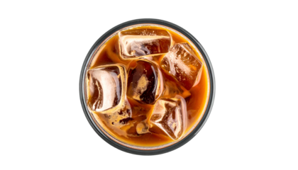 Overhead shot of a coffee beverage with large ice cubes, against a stark black background