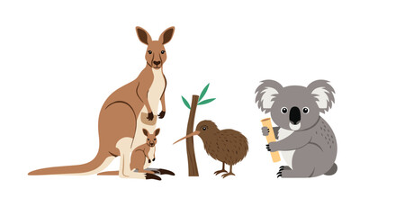 Collection of iconic Australian animals including a kangaroo with a joey a koala bear and a kiwi bird in a cute style.