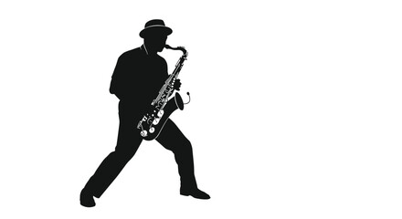 Black silhouette of a talented male musician in a fedora hat playing a beautiful melody on his saxophone on a clean white background.