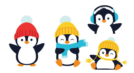 Fototapeta premium A charming collection of four cute cartoon penguins dressed in colorful winter hats scarves and earmuffs for the cold season.