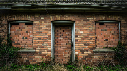 Abandoned brick building with boarded-up windows and overgrown ivy