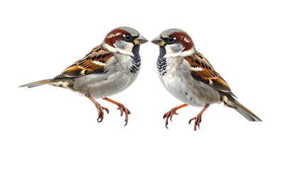 Two small, detailed sparrows, facing each other, on a transparent background