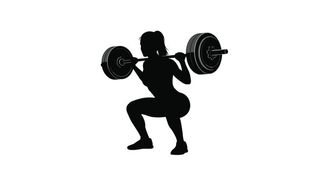 A powerful black silhouette of a fit woman performing a heavy barbell squat exercise for strength and muscle training in a gym.