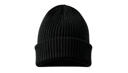 Black ribbed knit beanie, isolated on a stark black background