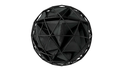 A geometric sphere of black triangles and cage against a stark black backdrop