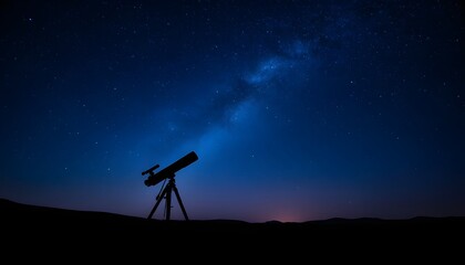 Silhouette of a telescope against a deep blue night sky filled with the Milky Way galaxy and countless stars for astronomical research and space discovery.