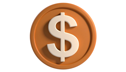 A 3D rendered orange coin with a large white dollar sign, set against a black backdrop